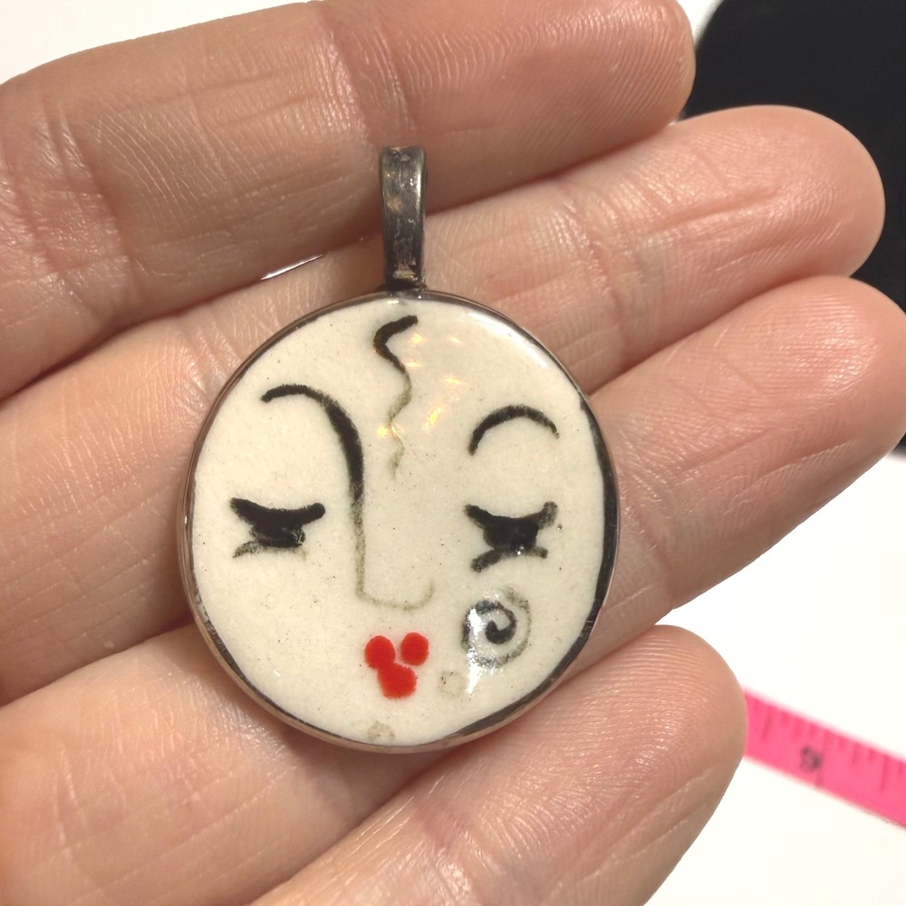 Handmade Ceramic Face Pendant Round White Black Red Glazed Artisan Charm 1 inch